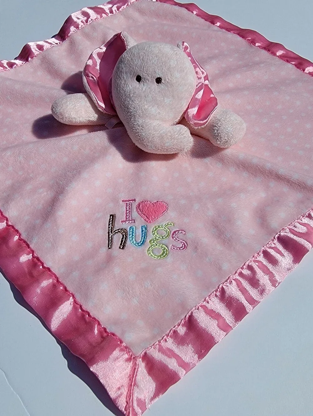Carter's Just One Year elephant rattle toy Baby girl lovey I love Hugs pink dots